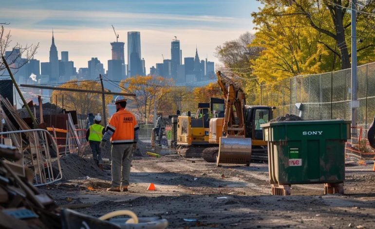 a bustling westchester county construction site features a bright, prominently placed dumpster, surrounded by workers in hard hats, tools scattered nearby, and city skyline peeking in the background, emphasizing the theme of efficient waste management in urban development.