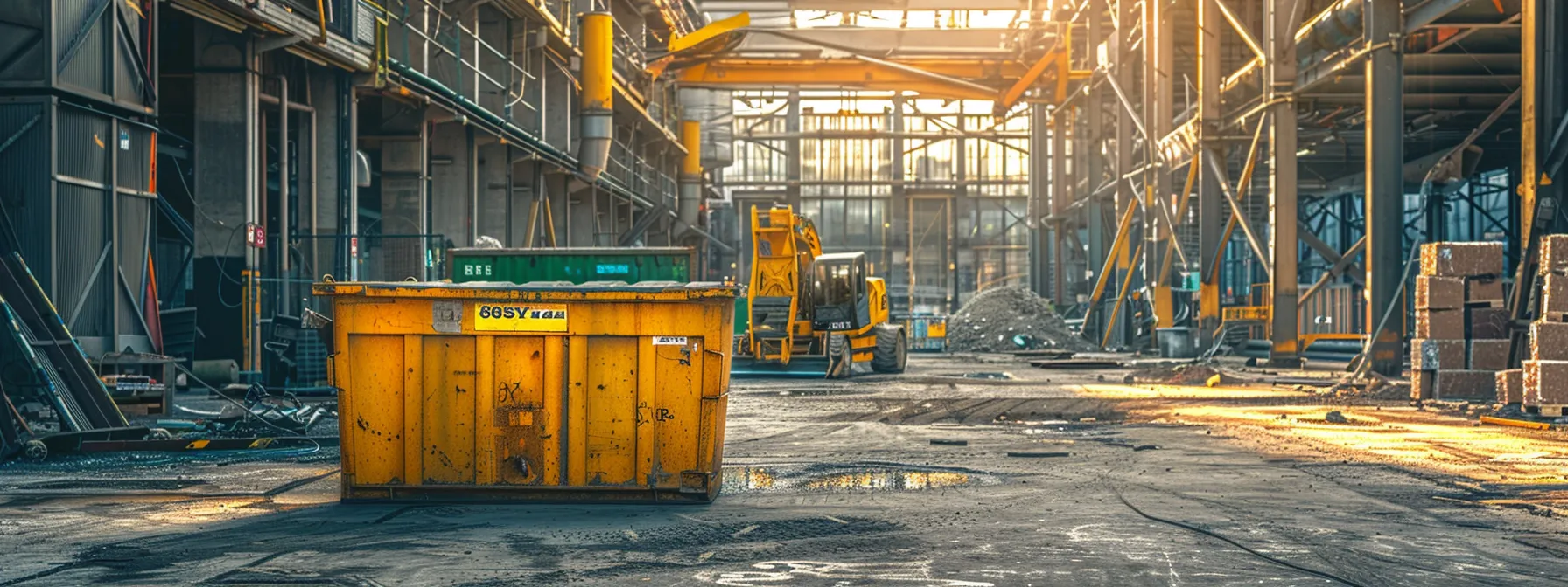 a spacious urban construction site showcases a prominently featured, bright yellow dumpster with a clear, bold rental sign, emphasizing affordability and reliability amidst a backdrop of steel beams and machinery.